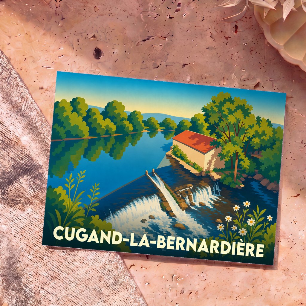 Carte postale souvenir de la ville de Cugand-la-Bernardiére avec une illustration stylisée d'un moulin au bord de l'eau.