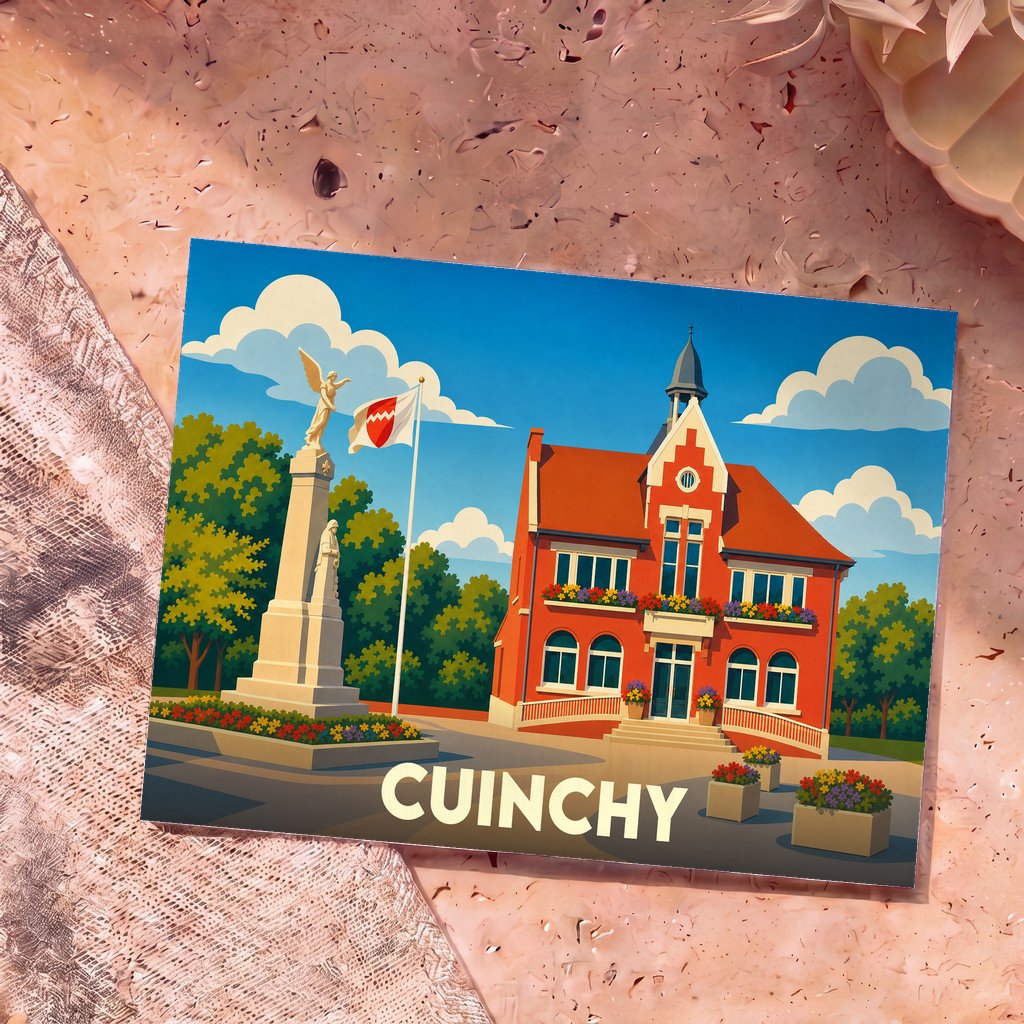 Carte postale souvenir de la ville de Cuinchy avec une illustration stylisée de sa mairie et de son monument aux morts.