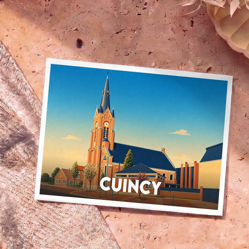 Carte postale souvenir de la ville de Cuincy avec une illustration stylisée de son église.