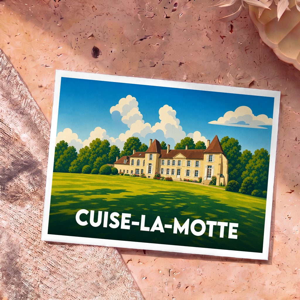 Carte postale souvenir de la ville de Cuise-la-Motte avec une illustration stylisée d'un château.