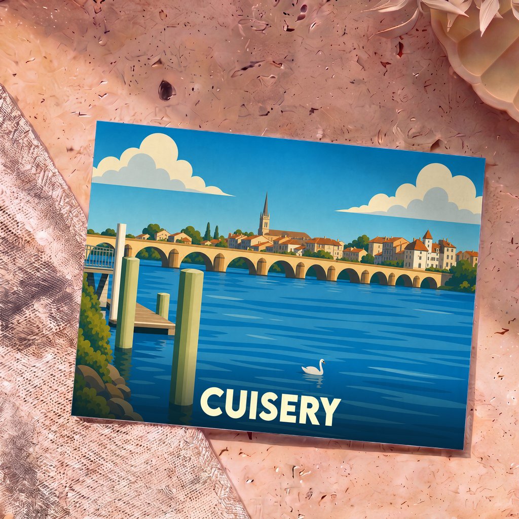 Carte postale souvenir de la ville de Cuisery avec une illustration stylisée représentant un pont de pierre et un cygne sur l'eau.