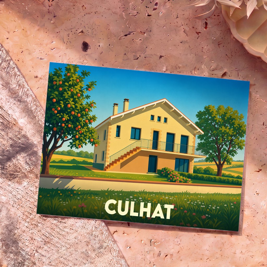 Carte postale souvenir de la ville de Culhat avec une illustration stylisée d'une maison de campagne.