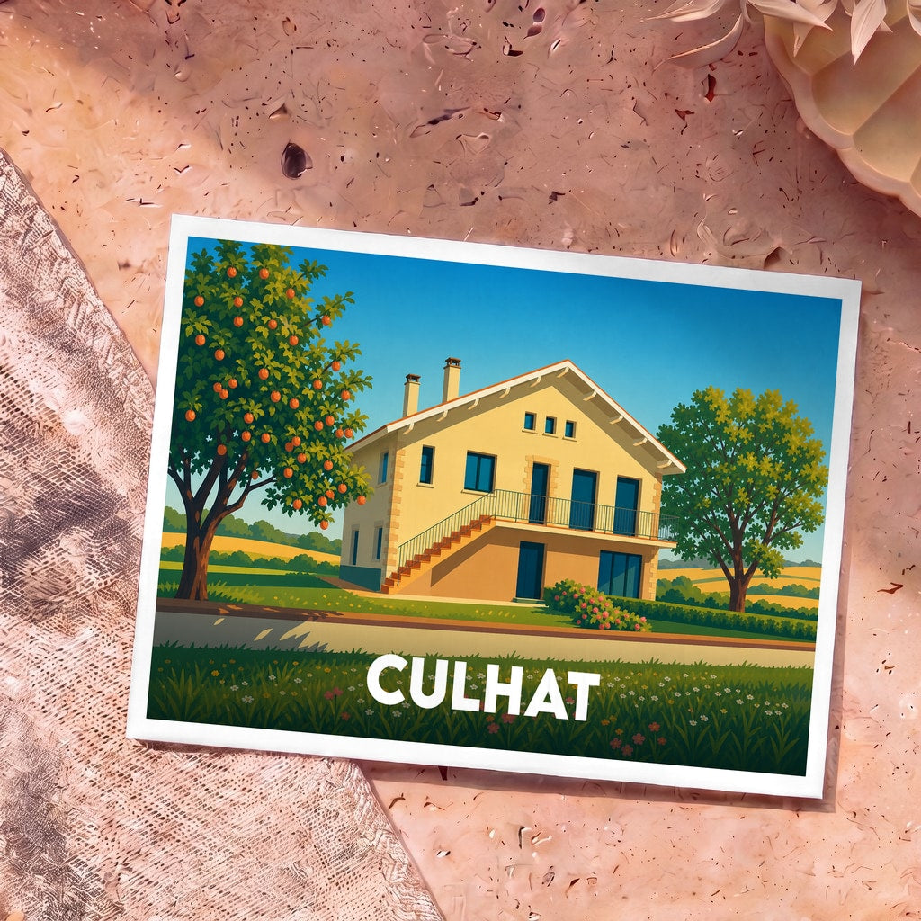 Carte postale souvenir de la ville de Culhat avec une illustration stylisée d'une maison de campagne.