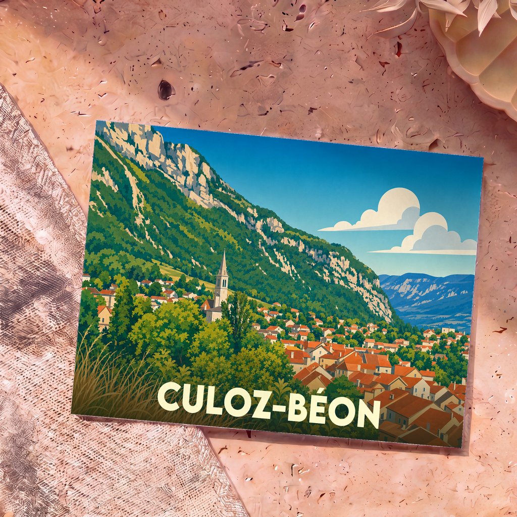 Carte postale souvenir de la commune de Culoz-Béon illustrant le village au pied d'une montagne boisée.