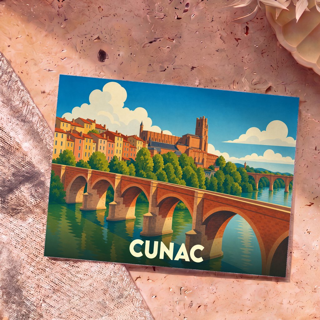 Carte postale souvenir de la ville de Cunac avec une illustration stylisée d'un pont en pierre et d'une cathédrale.