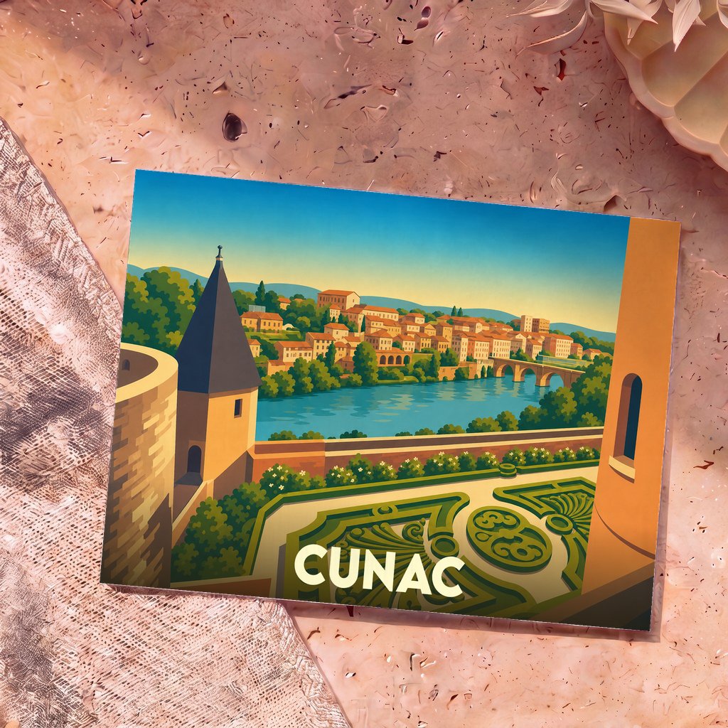 Carte postale souvenir de la ville de Cunac illustrant un paysage urbain historique au bord de l'eau dans un style graphique épuré.