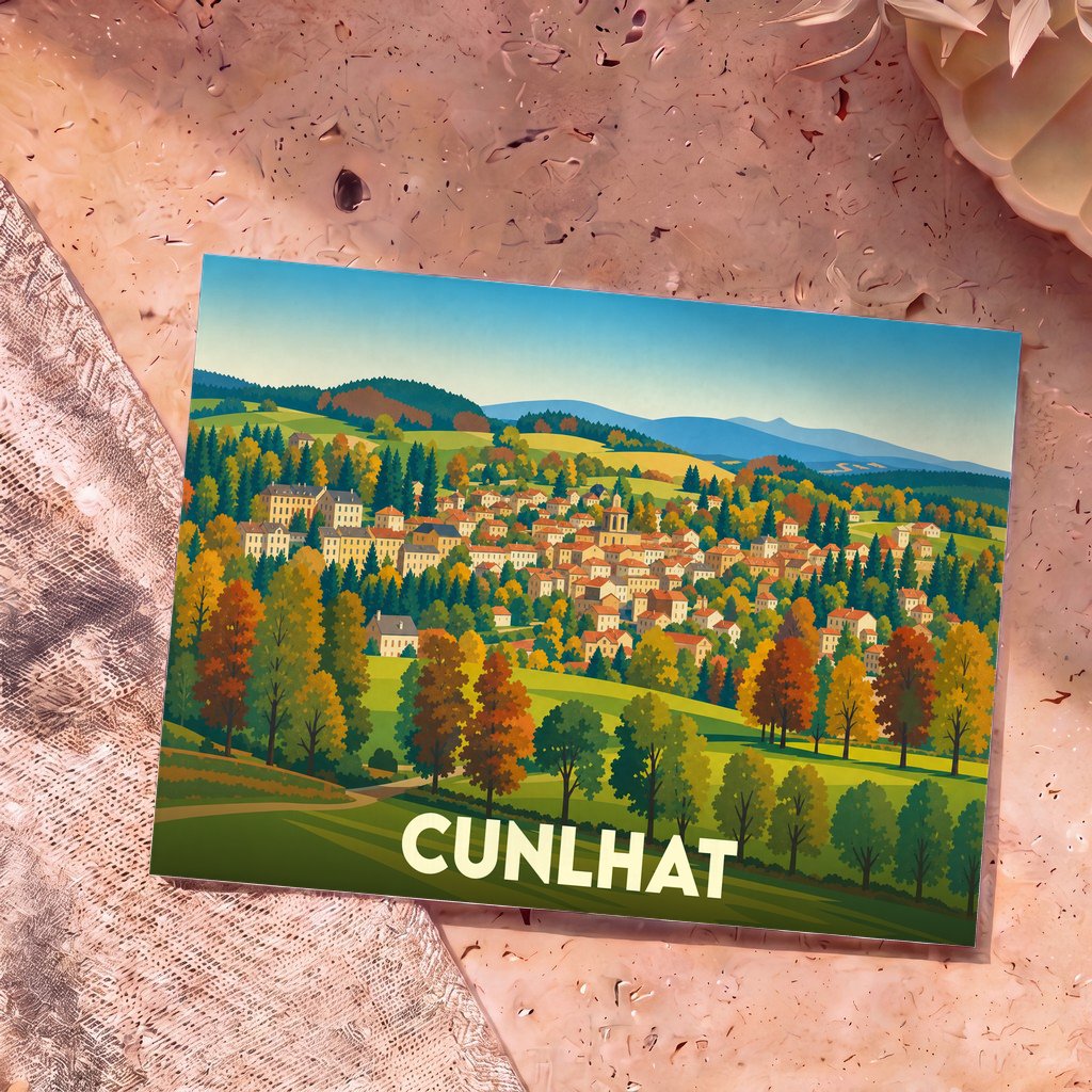 Carte postale souvenir de la ville de Cunlhat avec une illustration stylisée d'un village vallonné en automne.