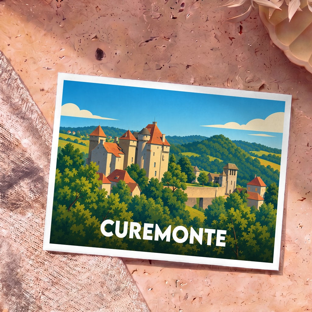 Carte postale souvenir de la ville de Curemonte avec une illustration stylisée de ses châteaux et collines.