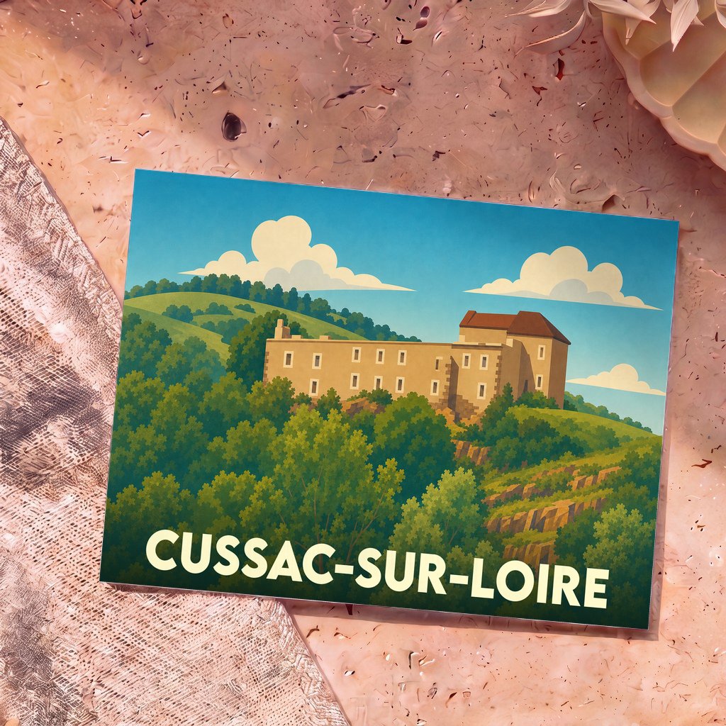 Carte postale souvenir de Cussac-sur-Loire présentant une illustration stylisée de son château et de son paysage vallonné.