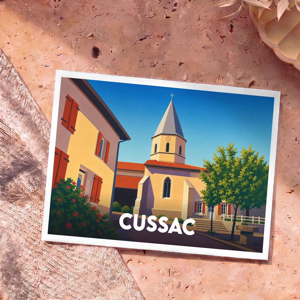 Carte postale souvenir de la ville de Cussac avec une illustration stylisée d'une église sous un ciel bleu.