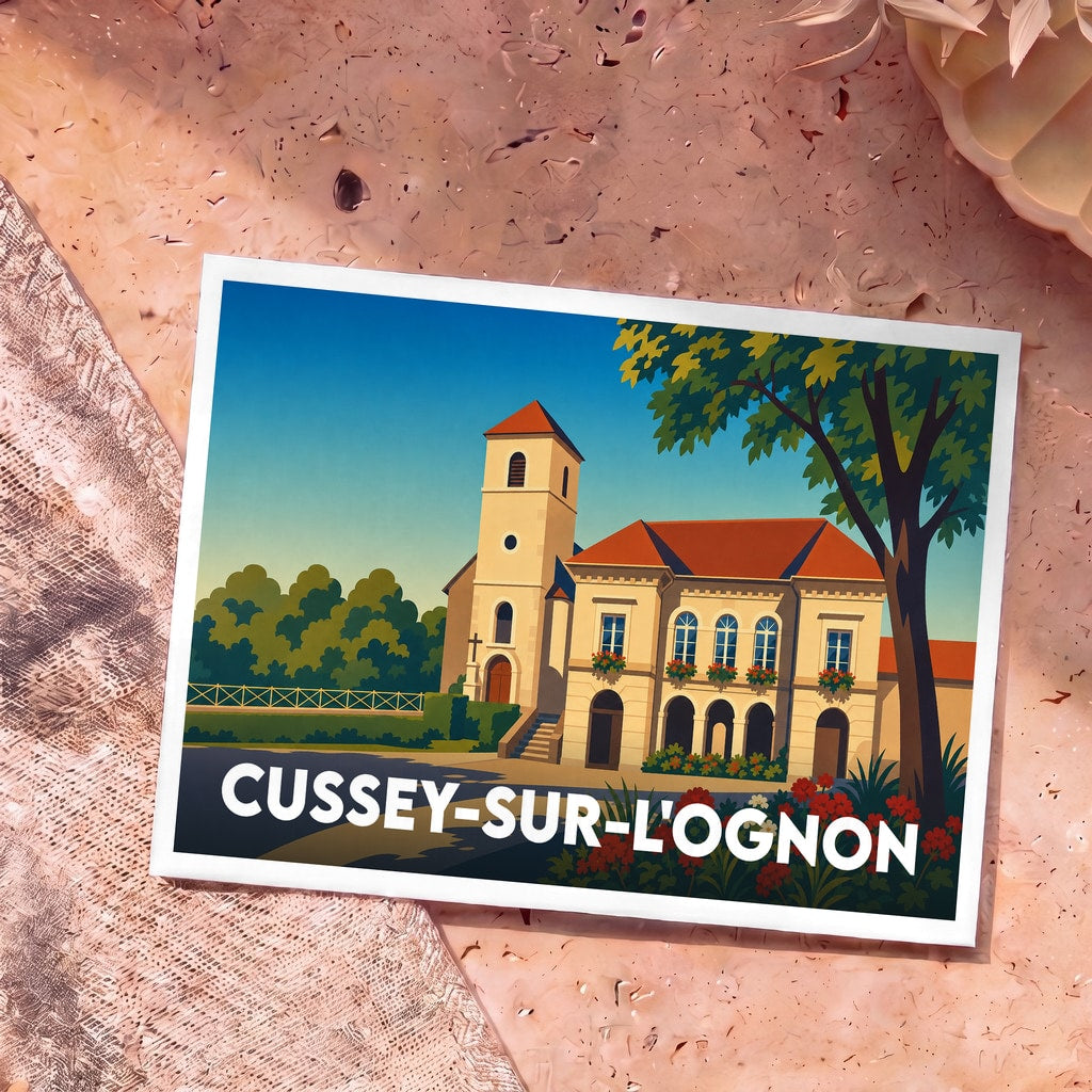 Carte postale souvenir de la ville de Cussey-sur-l'Ognon avec une illustration stylisée de son église et de sa mairie.