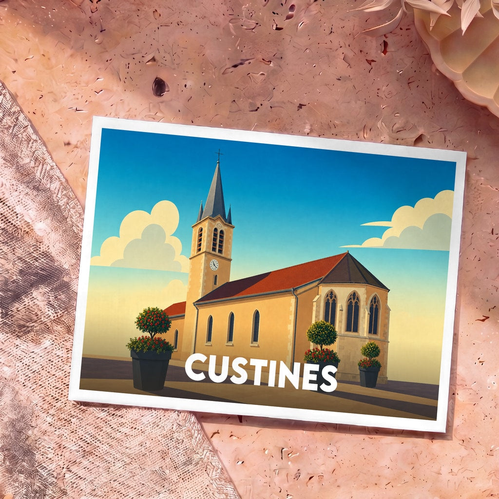 Carte postale souvenir de la ville de Custines arborant une illustration stylisée de son église sous un ciel azur.