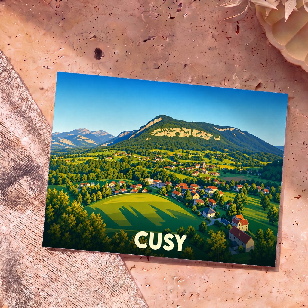 Carte postale souvenir de la ville de Cusy avec une illustration paysagère stylisée.