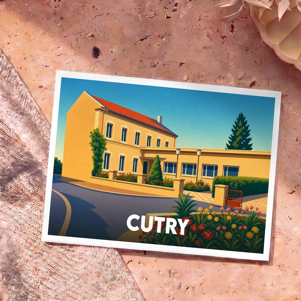 Carte postale souvenir de la ville de Cutry présentant une illustration colorée et stylisée de son architecture.