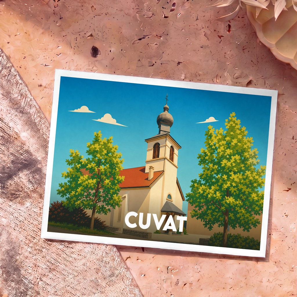 Carte postale souvenir de la ville de Cuvat avec une illustration stylisée de son église.