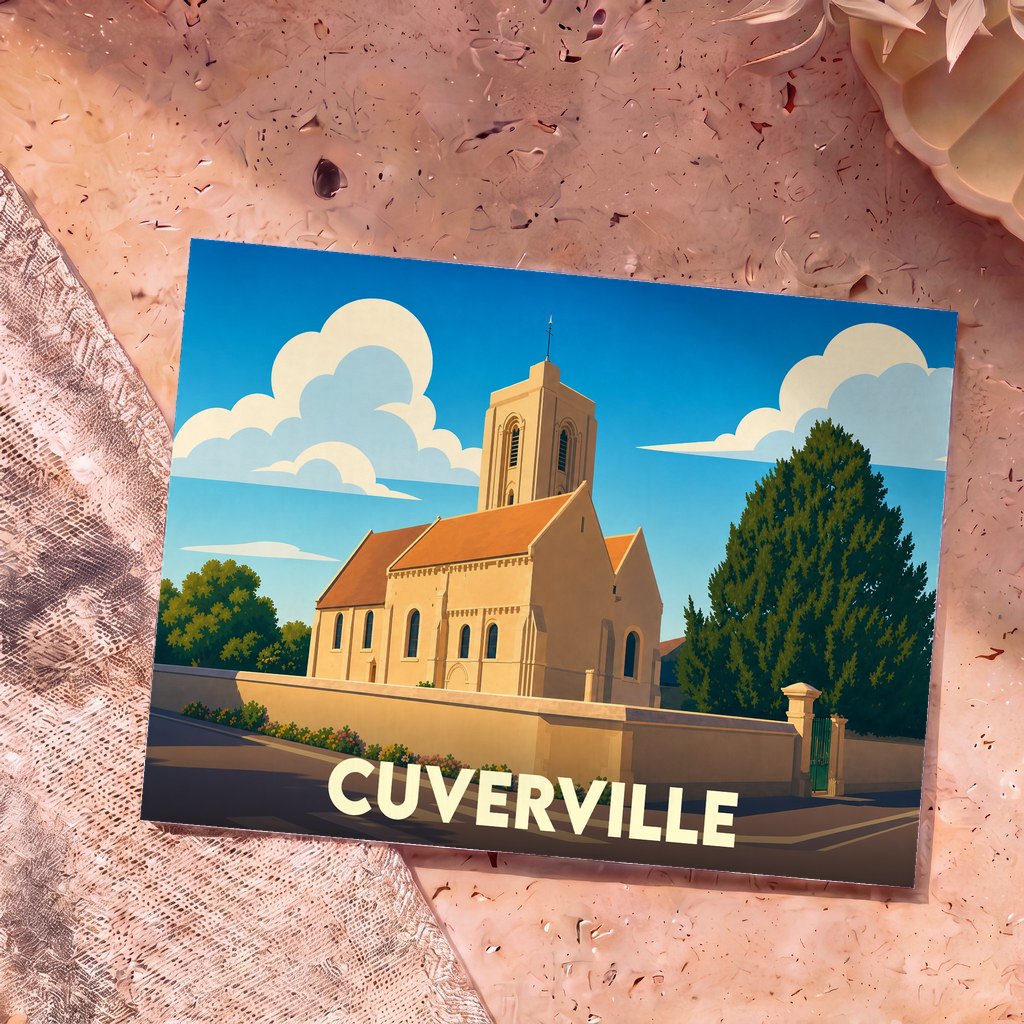 Carte postale souvenir de la ville de Cuverville avec une illustration stylisée de son église sous un ciel nuageux.