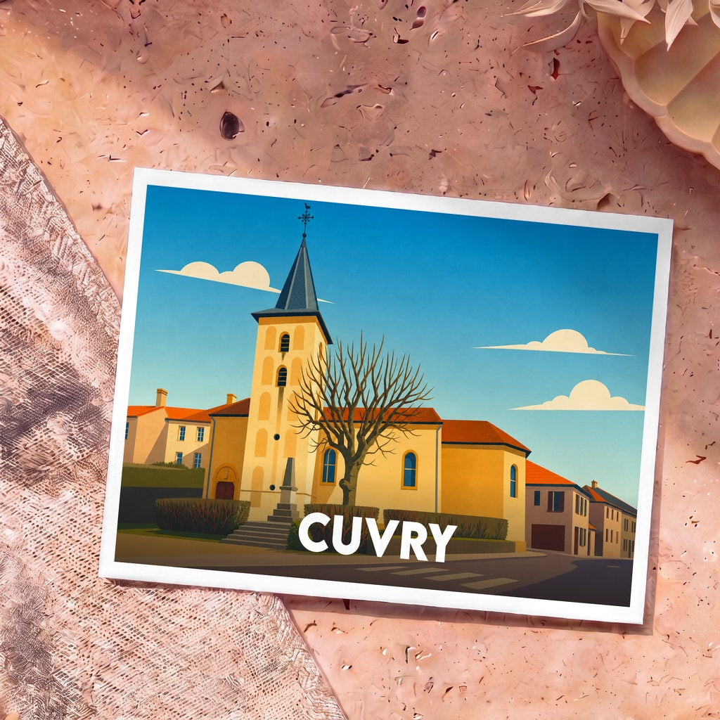Carte postale souvenir de la ville de Cuvry avec une illustration stylisée de son église.