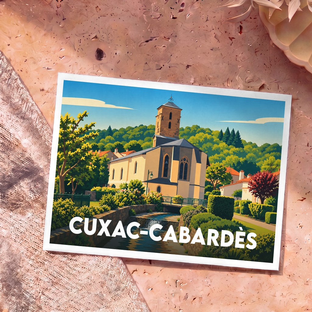 Carte postale souvenir de la ville de Cuxac-Cabardès avec une illustration stylisée.