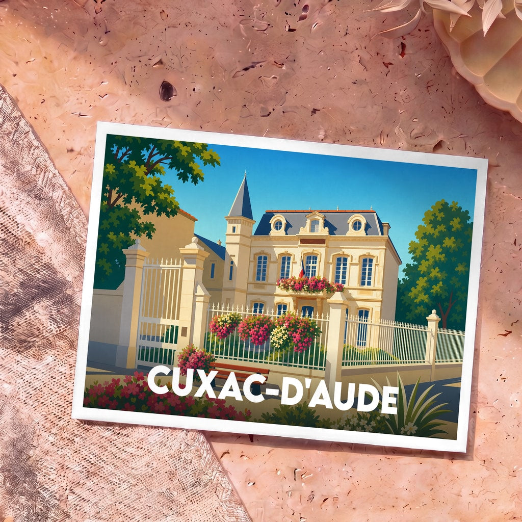 Carte postale souvenir de la ville de Cuxac-d'Aude avec une illustration stylisée d'une demeure bourgeoise fleurie.