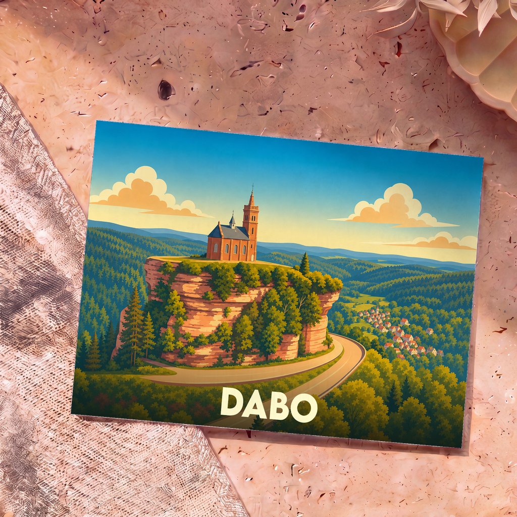Carte postale souvenir de la ville de Dabo avec une illustration stylisée de sa chapelle perchée sur un rocher.
