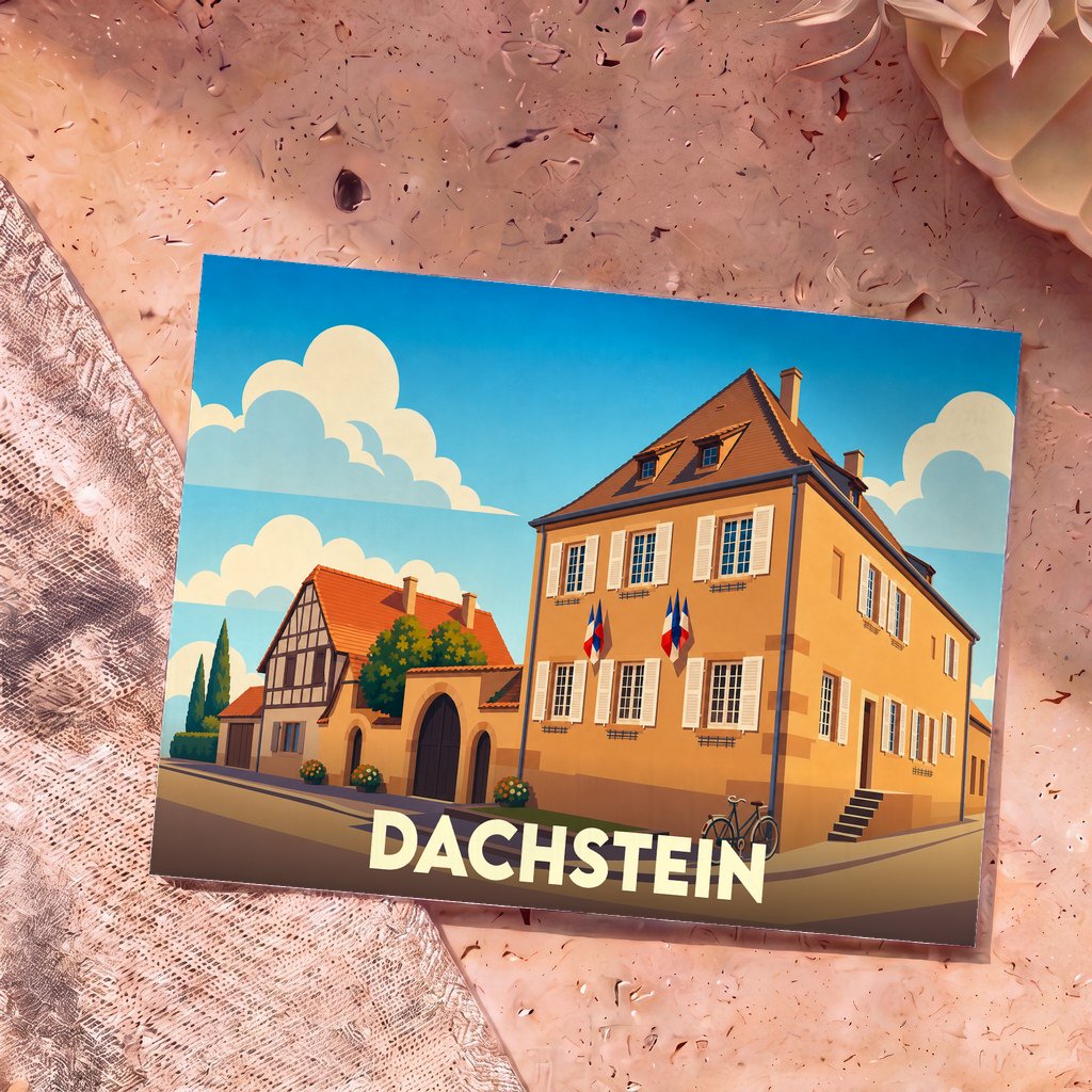 Carte postale souvenir de la ville de Dachstein avec une illustration stylisée d'un bâtiment traditionnel.
