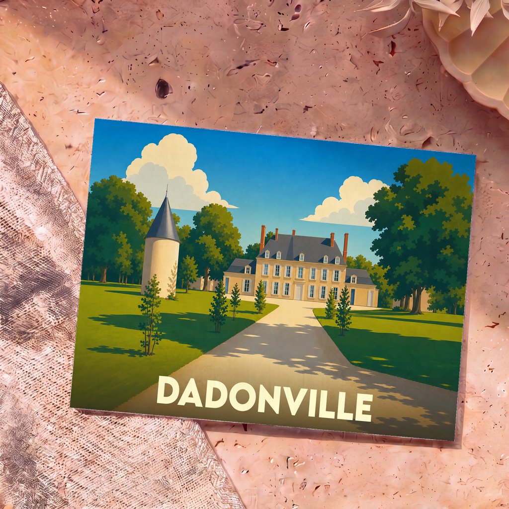 Carte postale souvenir de la ville de Dadonville illustrant un château et son parc dans un style graphique épuré.