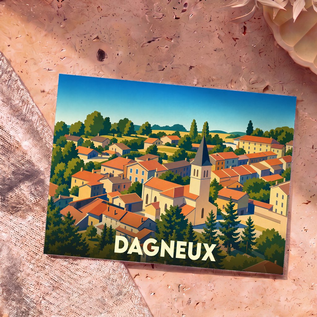 Carte postale souvenir de la ville de Dagneux avec une illustration stylisée d'un village français et de son église.