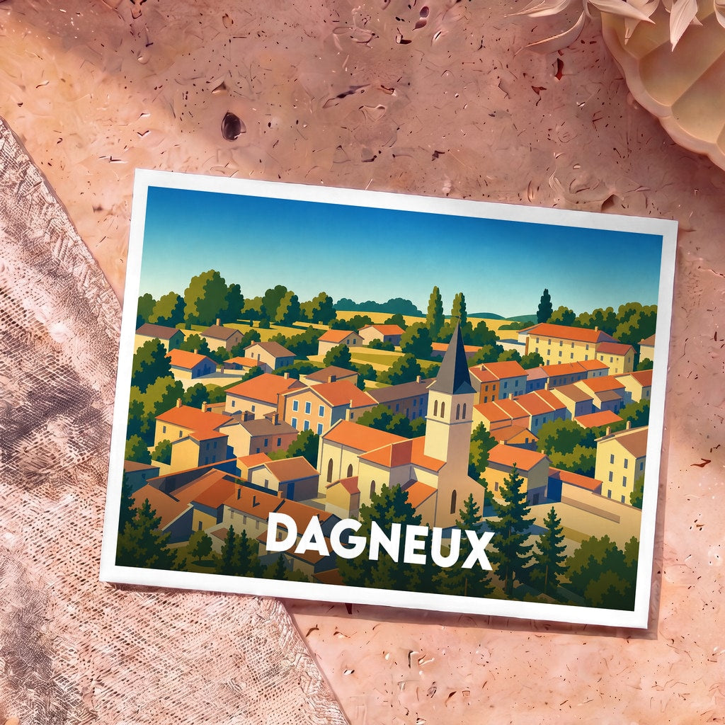 Carte postale souvenir de la ville de Dagneux avec une illustration stylisée d'un village français et de son église.
