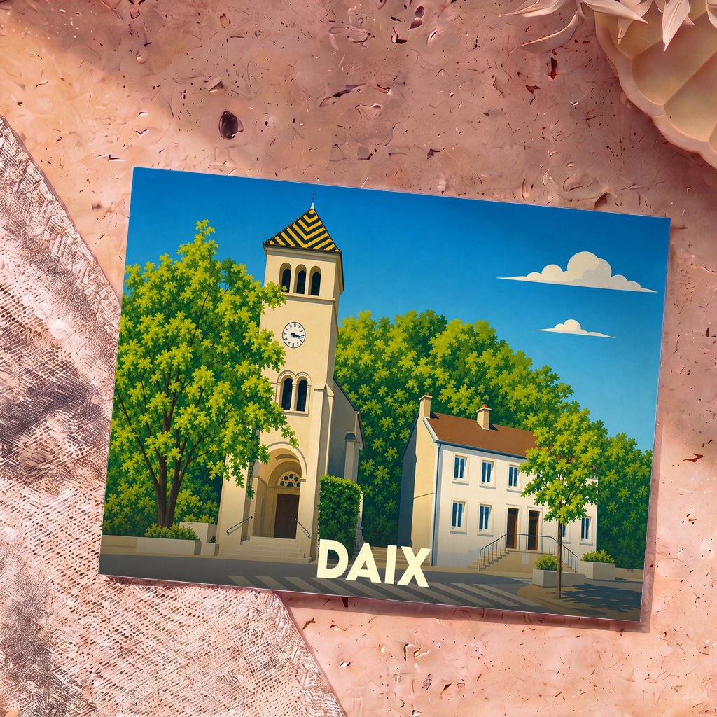 Carte postale souvenir de la ville de Daix illustrant son église et ses maisons dans un style épuré et coloré.