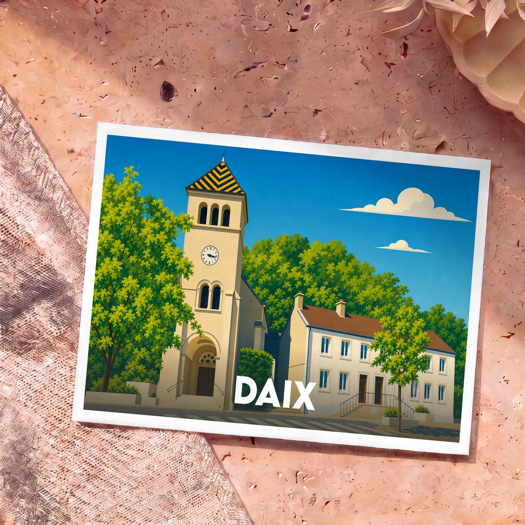 Carte postale souvenir de la ville de Daix illustrant son église et ses maisons dans un style épuré et coloré.