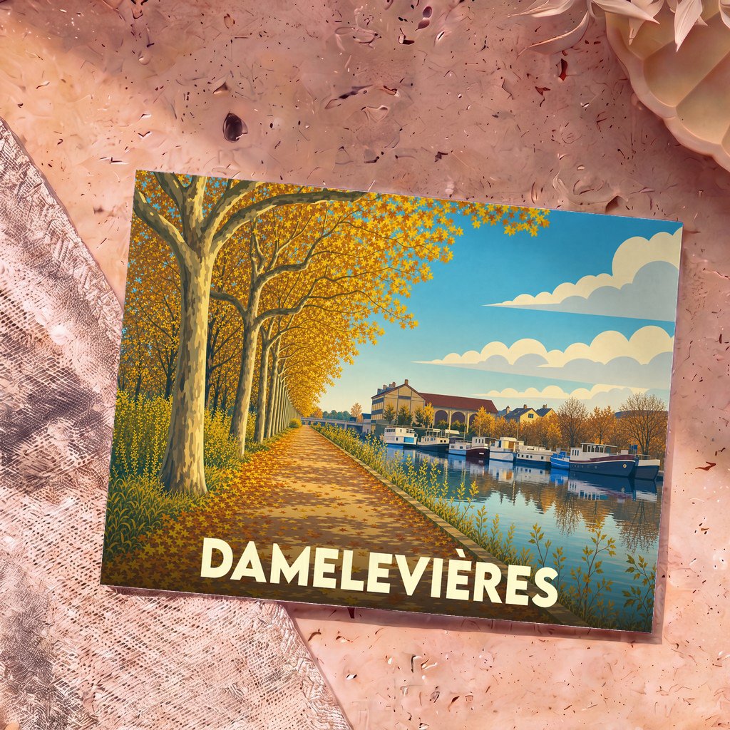 Carte postale souvenir de Damelevières illustrant un canal bordé d'arbres en automne et de péniches.
