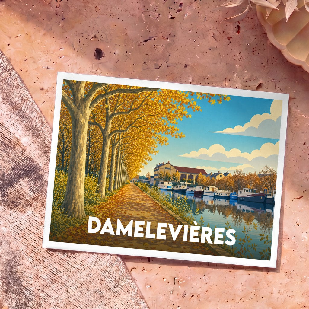 Carte postale souvenir de Damelevières illustrant un canal bordé d'arbres en automne et de péniches.