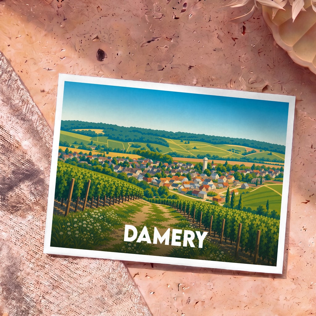 Carte postale souvenir de la ville de Damery illustrant un paysage de vignobles et de village avec un style graphique épuré.