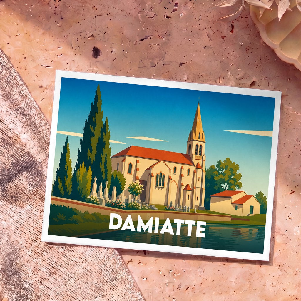 Carte postale souvenir de la ville de Damiatte avec une illustration stylisée de son église et de son cimetière.