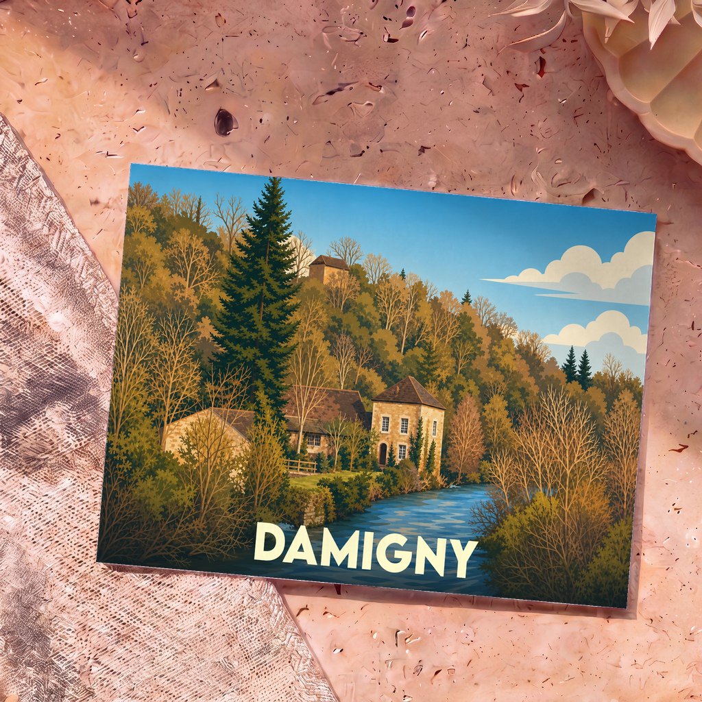 Carte postale souvenir de la ville de Damigny illustrant un paysage fluvial avec des maisons anciennes entourées de forêt.