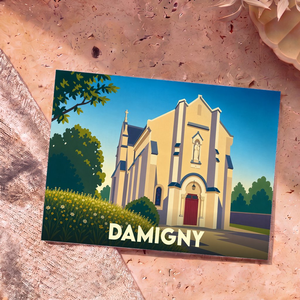 Carte postale souvenir de la ville de Damigny illustrant son église dans un style graphique et coloré.
