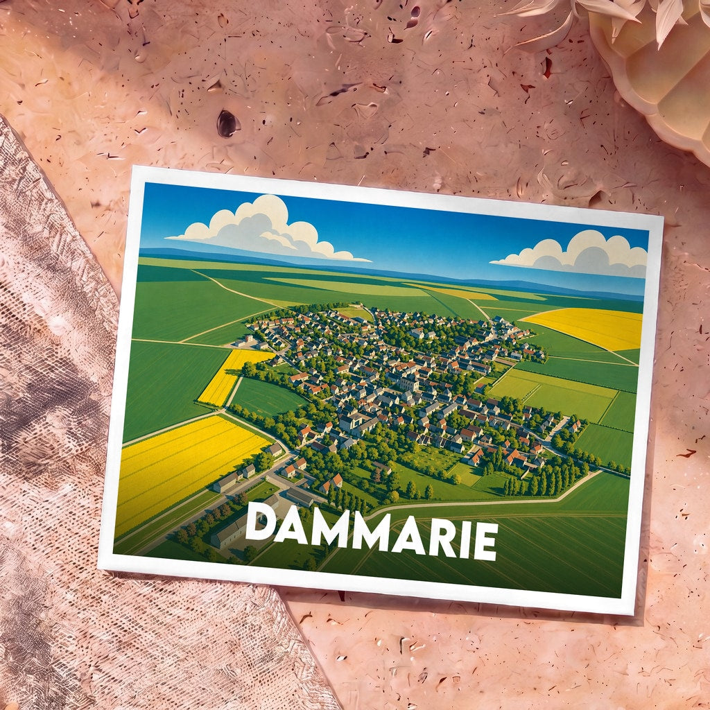 Carte postale souvenir de la ville de Dammarie avec une illustration stylisée vue du ciel.