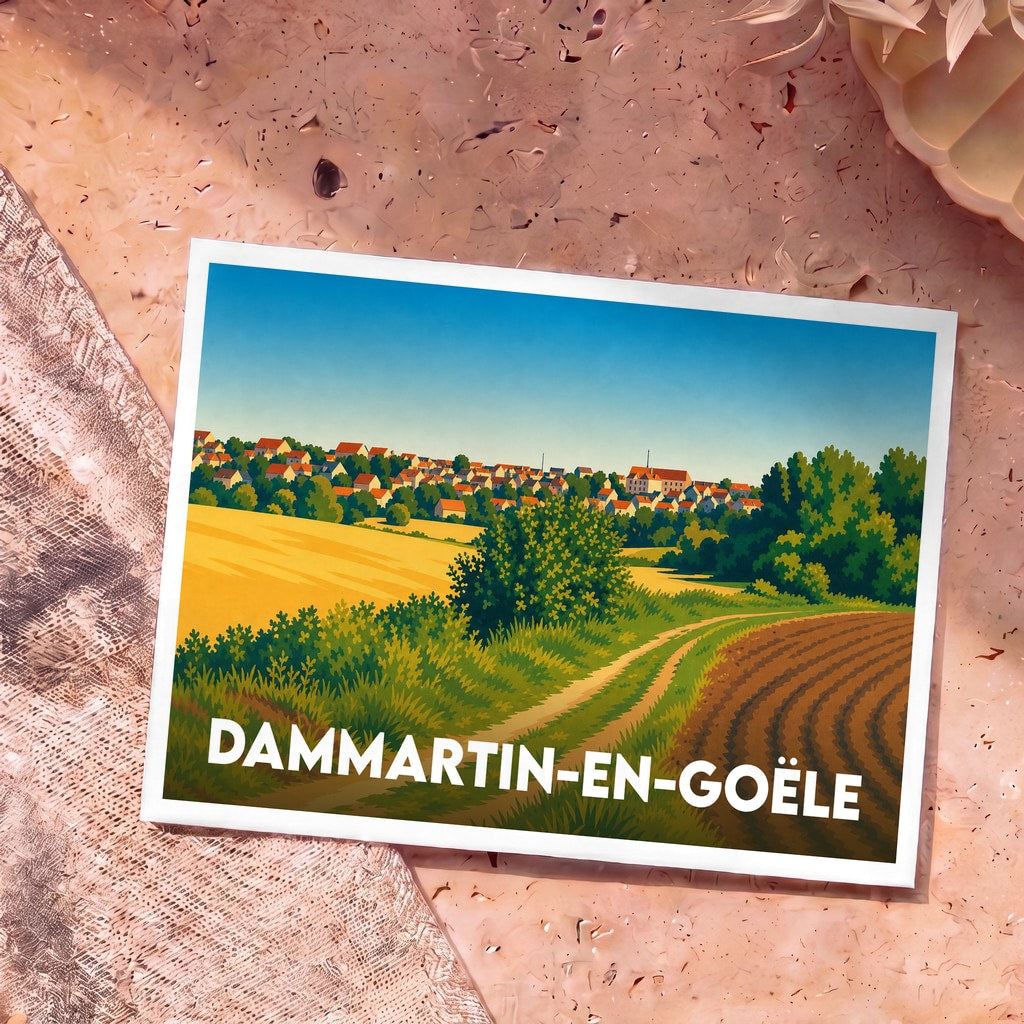 Carte postale souvenir de la ville de Dammartin-en-Goële avec une illustration de paysage rural stylisée.