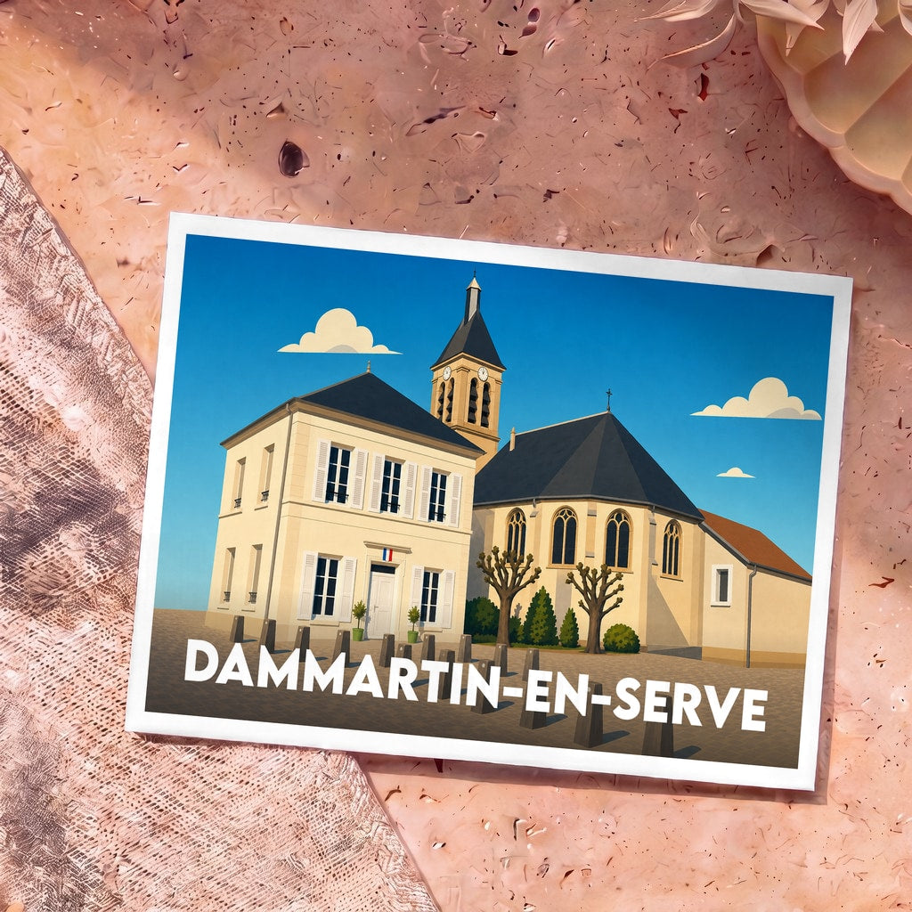 Carte postale souvenir de la ville de Dammartin-en-Serve avec une illustration stylisée de sa mairie et de son église.