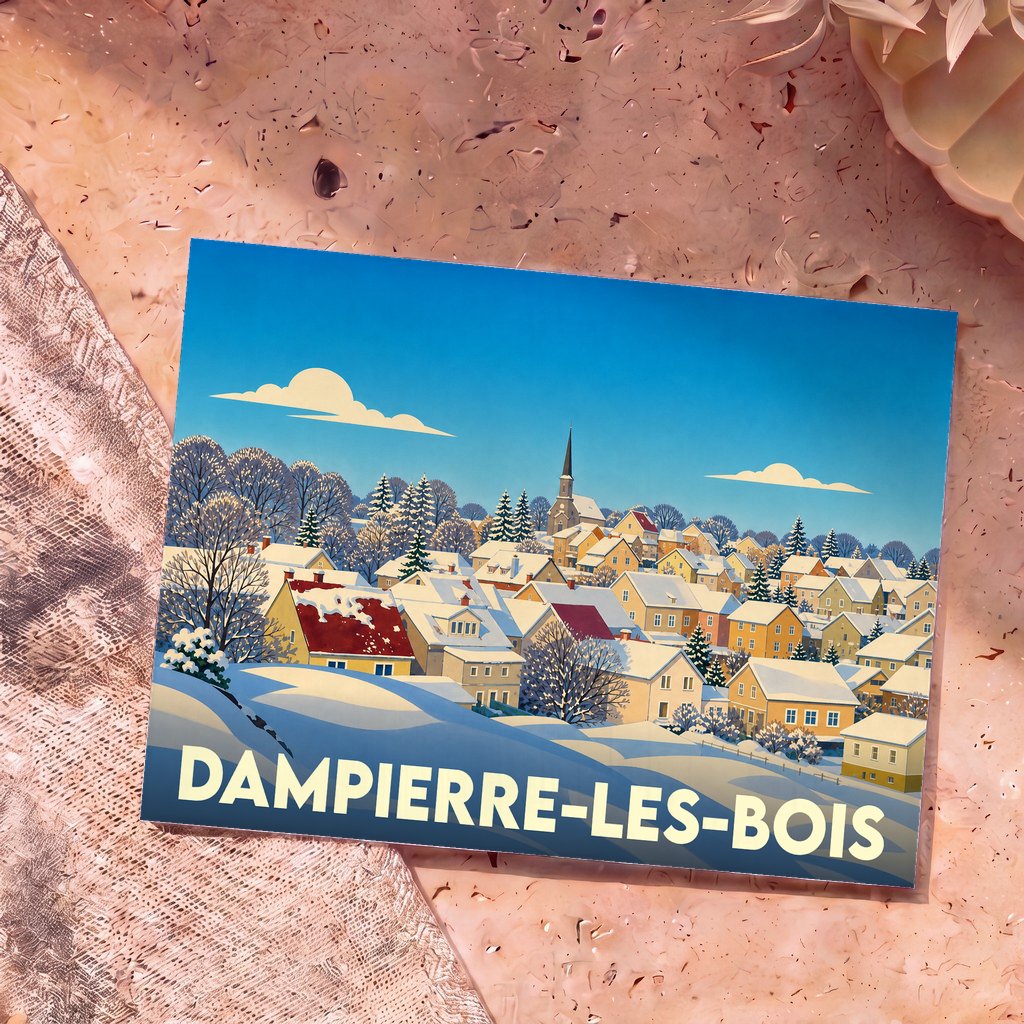 Carte postale souvenir de la ville de Dampierre-les-Bois avec une illustration stylisée d'un village enneigé.