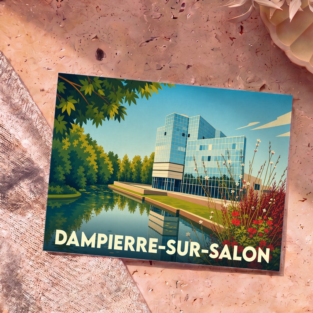 Carte postale souvenir de la ville de Dampierre-sur-Salon avec une illustration stylisée et colorée.