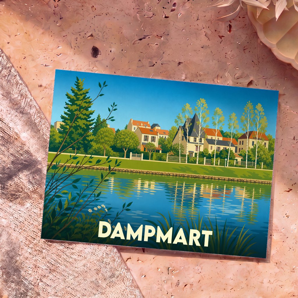Carte postale souvenir de la ville de Dampmart illustrant les bords de Marne dans un style graphique épuré.