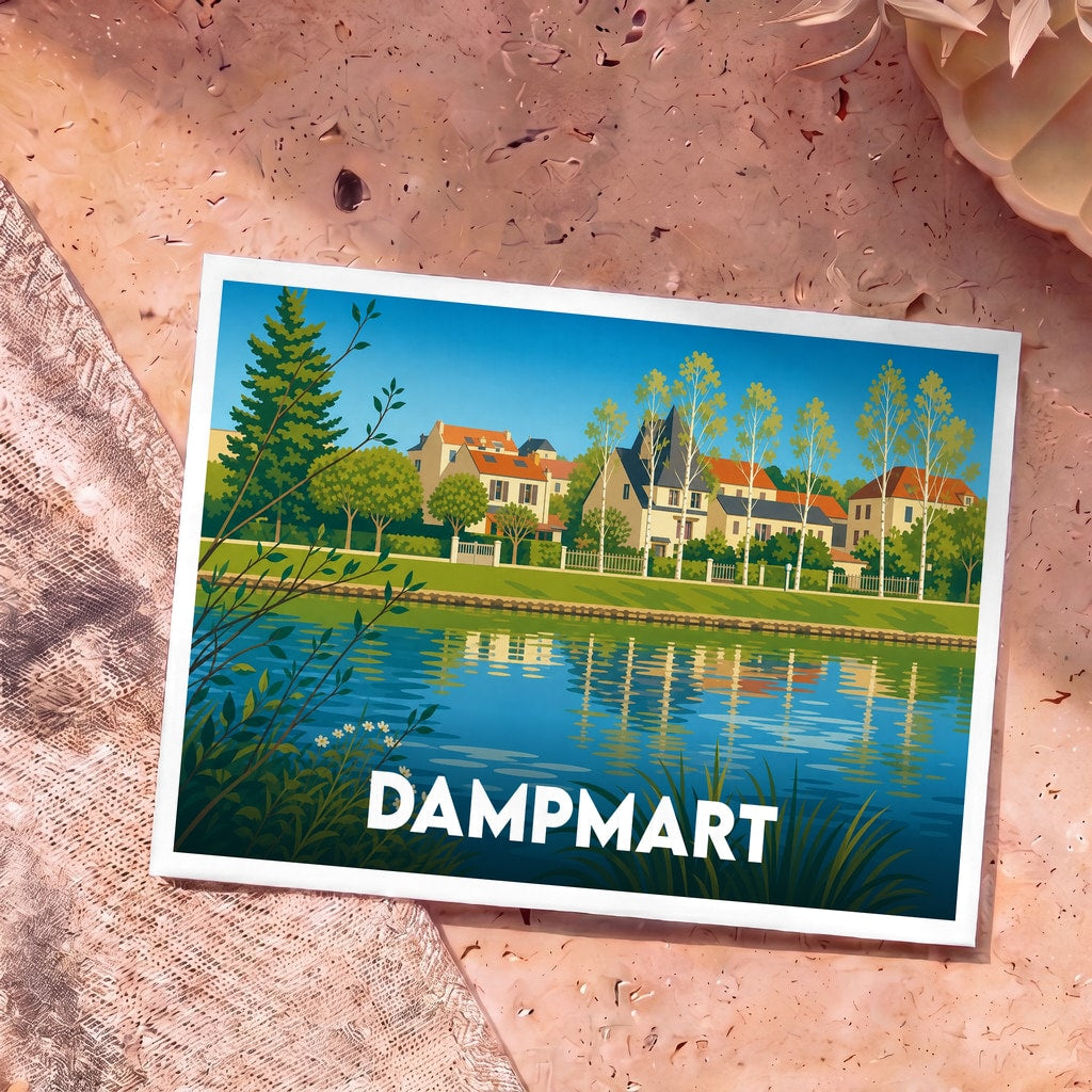 Carte postale souvenir de la ville de Dampmart illustrant les bords de Marne dans un style graphique épuré.