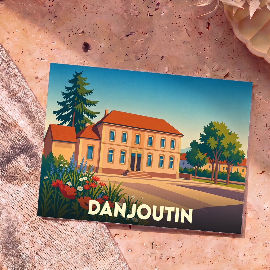 Carte postale souvenir de la ville de Danjoutin avec une illustration stylisée d'un bâtiment remarquable entouré de fleurs.