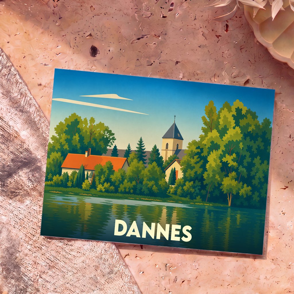 Carte postale souvenir de la ville de Dannes présentant une illustration stylisée d'un village en bord de l'eau.