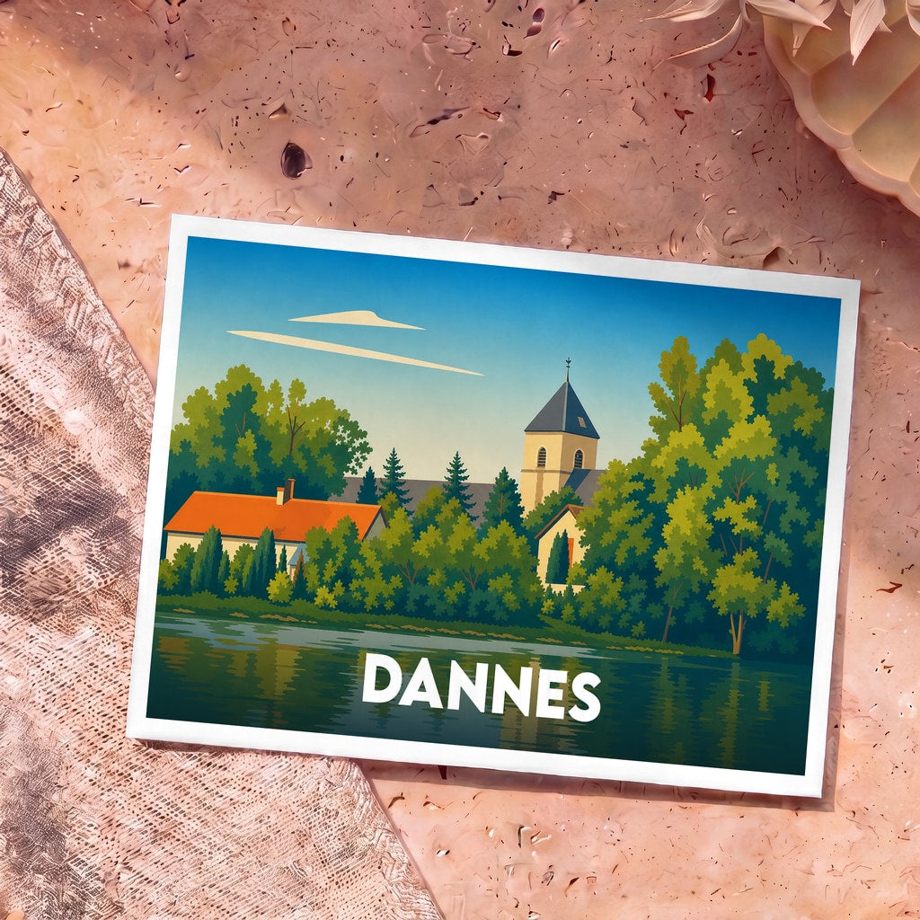 Carte postale souvenir de la ville de Dannes présentant une illustration stylisée d'un village en bord de l'eau.