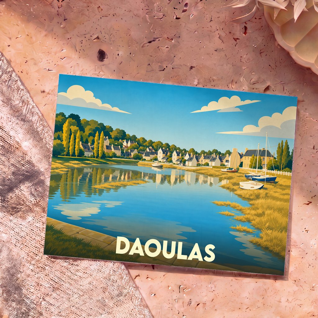 Carte postale souvenir de la ville de Daoulas avec une illustration stylisée de son port et de ses maisons colorées.