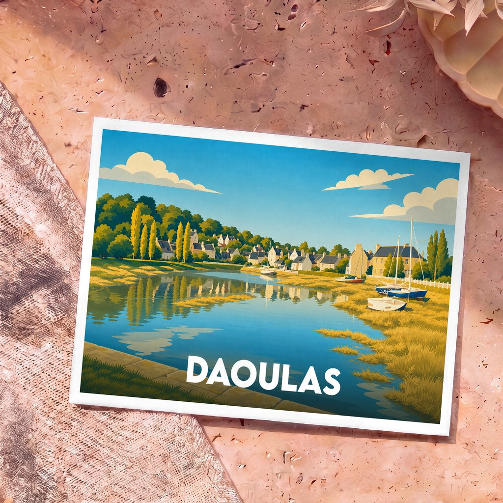 Carte postale souvenir de la ville de Daoulas avec une illustration stylisée de son port et de ses maisons colorées.