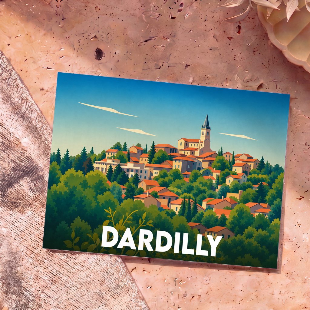 Carte postale souvenir de la ville de Dardilly avec une illustration stylisée et colorée.