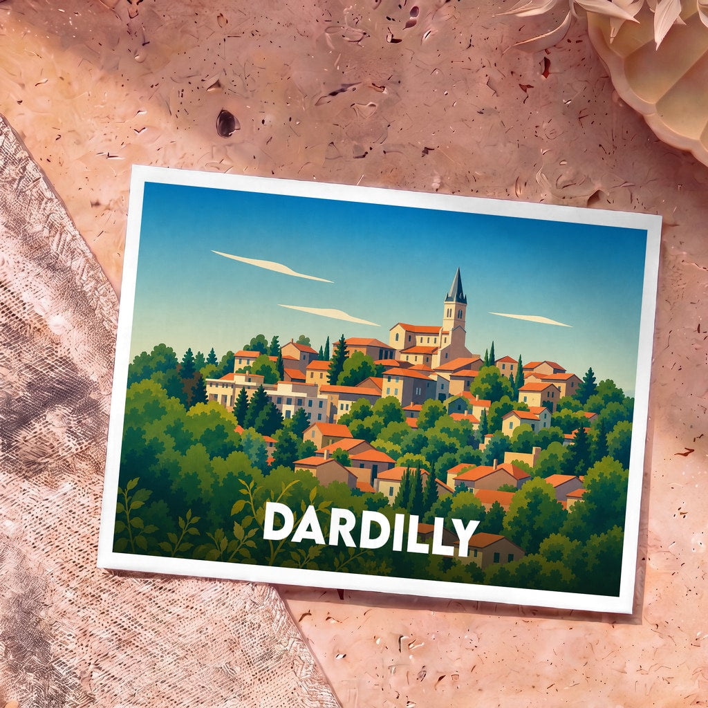 Carte postale souvenir de la ville de Dardilly avec une illustration stylisée et colorée.